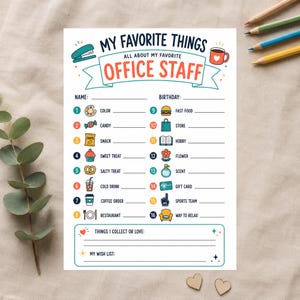 Office Staff Favorite Things Questionnaire, Admin Appreciation Gift Form, Get to Know You Printable PDF