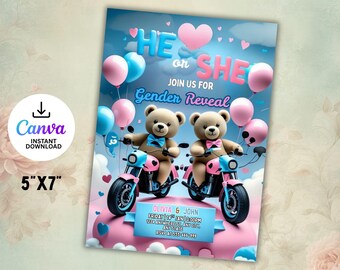 Teddy Bear Gender Reveal Invitation, He or She, Canva Template (Digital Download)