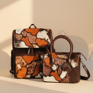 Hair on Hide Leather Backpack and Handbag Set, Tooled Leather Patchwork Bag, Western Leather Bag Set, Handmade Boho Leather Bags.