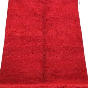 A large, red, shaggy rug is displayed against a white background.