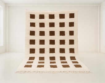 Handmade Checkered Moroccan Rug: Wool Berber Carpet, Minimalist Grid Design