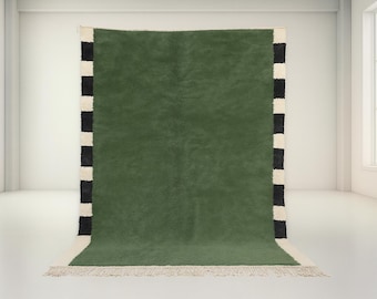 Handmade Wool Berber Rug – Green, Black & White Checkered Border