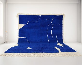 Abstract Blue Moroccan Wool Rug: Handmade Berber Carpet