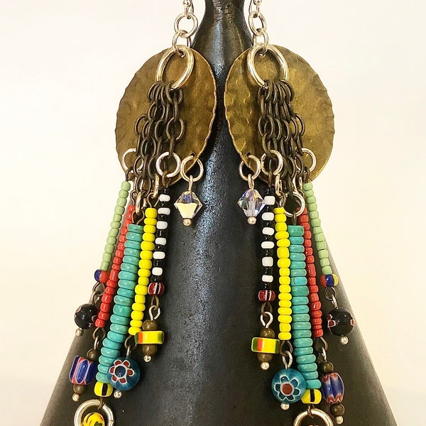 Beaded Brass Earrings, Colorful Beaded Earrings, Boho Earrings