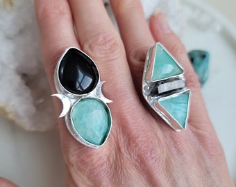 Warrior Goddess Collection - Large Statement Rings - Amazonite, Black Obsidian, Black Tibetan Quartz Set in Sterling Silver - Custom Size