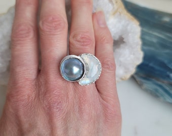 MAHINA Collection - Gorgeous Gemstone Moon Goddess Ring - Flashy Blue Moonstone Crescent with Lustrous Bluey-Silver Freshwater Pearl