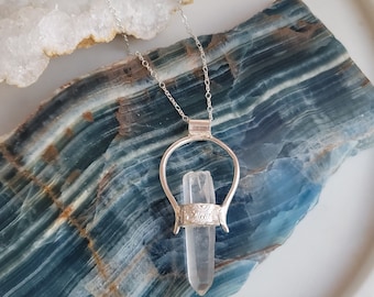 LEMURIA Necklace- OOAK Artisan Pendant with High Vibrational Lemurian Quartz Point, Sterling & Fine Silver- Long Silver Chain