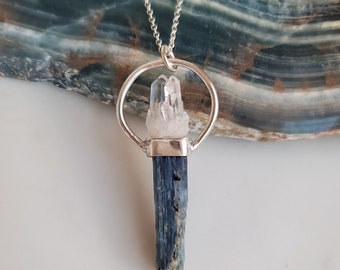 ICELYN Necklace - OOAK Raw Blue Kyanite & Quartz Point Pendant - Artisan Made Statement Piece - On Long Sterling Silver Chain