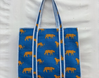 Grand Sac Femme En Coton Imprimé Tigre Indien, Matelassé, Idéal Plage Ou Bohème