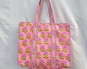 Indische gesteppte Einkaufstasche mit Blumenmuster, Rosa Baumwolltasche