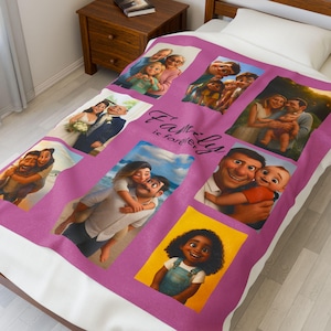 Può includere: Una coperta rosa con foto di famiglia in cornici rettangolari. La frase "Family is forever" è scritta in corsivo. La coperta mostra vari ritratti di famiglia, tra cui coppie, bambini e una foto di matrimonio.