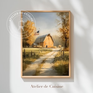 Puede incluir: Una impresión enmarcada de un paisaje rural con un granero y una bandera estadounidense. La obra de arte está en tonos cálidos, con un camino de tierra que conduce al granero. El texto "Atelier de Cuisine" está en la parte inferior.