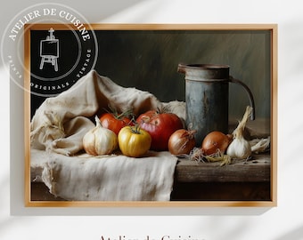 Può includere: Una stampa incorniciata raffigurante una natura morta di prodotti da cucina. L'immagine mostra pomodori rossi e gialli, cipolle e aglio, insieme a una brocca di metallo. Il testo "Atelier de Cuisine" è in basso.