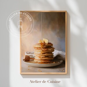 Gestapelte Pfannkuchen mit Ahornsirup - Gemütliche Küchen Wandkunst, Landfrühstück zum Ausdrucken, Bauernhaus Essen Poster, digitaler Download