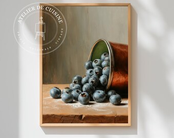 Olieverfschilderij stilleven met bosbessen: rustieke keukenfruitprint (digitale download)