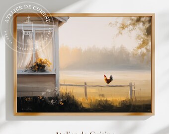 Schilderij van zonsopgang met haan: scène met raam in landelijke boerderij (digitale download)