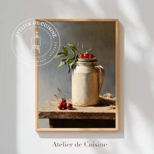 Cherries in Cream Jug Still Life: Rustic Kitchen Art Print (Digital Download)