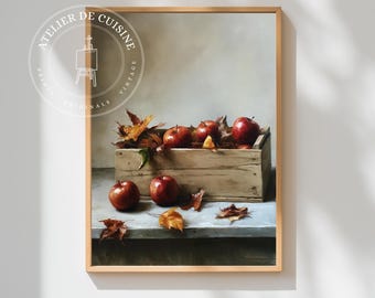 リンゴかごの印刷可能な絵画：印象派の秋の収穫のアートワーク