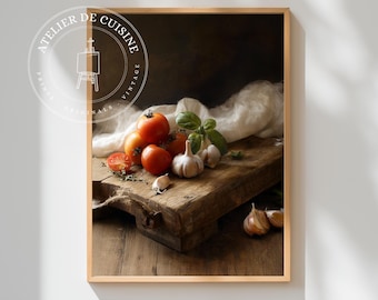 Rustic Kitchen Still Life Art Print: Tomatoes, Garlic, Basil (Digital Download