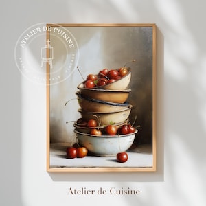 Cherry Bowl Oil Painting Print: Vintage Kitchen Still Life (Digital Download)