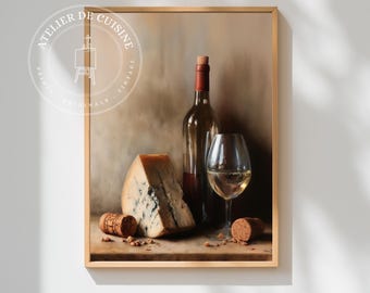 Blue Cheese Wine Still Life Art Print: Rustic Kitchen Decor (Digital Download)