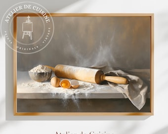 May include: A still-life painting depicting baking. A wooden rolling pin lies on a surface dusted with flour, with a bowl of flour and cracked eggs. A linen cloth is draped nearby. The text "Atelier de Cuisine" is at the bottom.