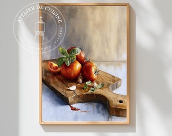 Pintura a óleo sobre tomate e manjericão: Natureza morta em cozinha rústica (download digital)