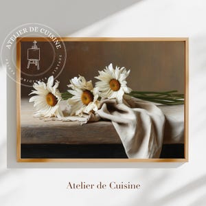 Rustic Daisy Still Life Print: Vintage Cottagecore Linen Artwork (Digital Download