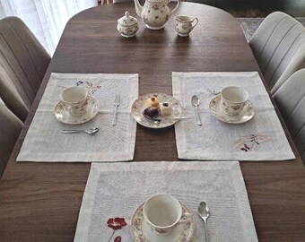 Handmade Cross Stitch Placemat Set of 3, Wildflower Linen Table Decor, Botanical Embroidered Dining Mats, Floral Kitchen Gift