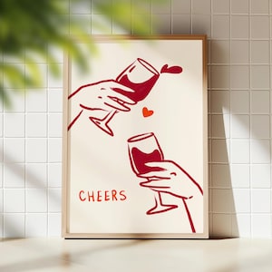 Hand-Drawn Wine Toast Print: Minimalist Bar Wall Art (Digital Download