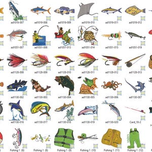 Peut inclure: Une collection de motifs brodés sur le thème de la pêche. L'image comprend diverses espèces de poissons, des leurres et de l'équipement. La palette de couleurs comprend des bleus, des verts, des rouges et des jaunes. Les motifs sont étiquetés avec des codes alphanumériques.