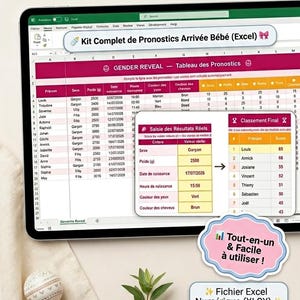 Gioco di previsione del sesso del bambino in Excel: tabella automatica per la rivelazione del sesso, calendario di nascita personalizzabile, calcolo del punteggio e classifica.