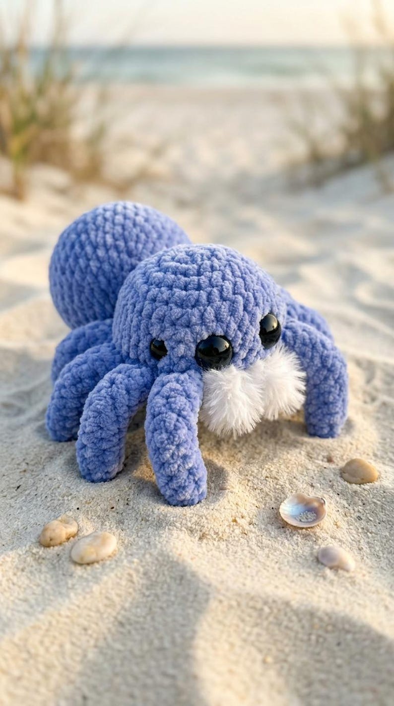 May include: A plush, blue spider toy with large black eyes and a fluffy white beard. The crocheted spider is resting on a sandy beach with small seashells scattered around it. The spider's body is a soft, textured material.