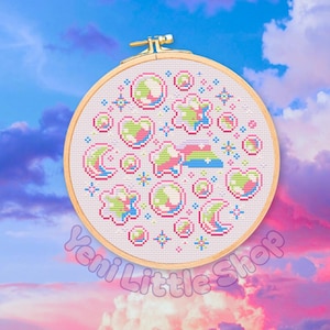 Patrón de punto de cruz de burbujas: Diseño de luna y estrella de colores (Patrón PDF)