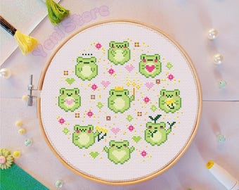 Frog Queen and her frogs friends cross stitch pattern, friends, magical, diy gift, pdf pattern, cute, beginner, punto cruz, patrón digital