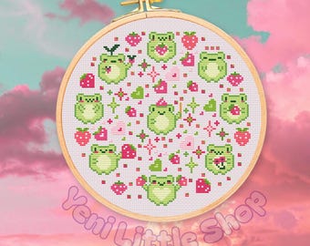 Strawberry Frogs Cross Stitch Pattern, Kawaii Design (PDF Pattern)