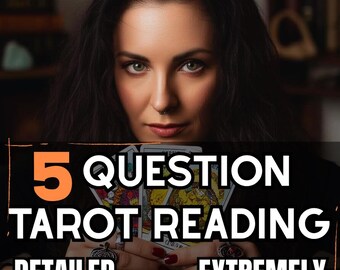 May include: A woman holding tarot cards with the text "5 QUESTION TAROT READING DETAILED EXTREMELY". The image has a warm, inviting ambiance with a lit candle in the background. The woman has dark hair and is wearing rings.