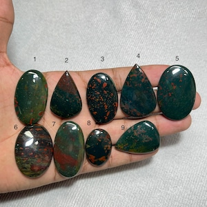 May include: Nine polished gemstones in various shapes, including oval, teardrop, and irregular forms. The stones feature a deep green base color with red and brown inclusions, creating a unique pattern. The gemstones are held in a hand.