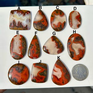 May include: A collection of polished gemstones in various shapes, including oval, teardrop, and square. The stones display a mix of colors, with prominent red, brown, and cream patterns. A US quarter is included for size reference.