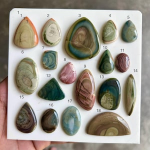Puede incluir: Una colección de dieciocho piedras preciosas pulidas de diversas formas y colores, incluyendo formas de gota, ovaladas y triangulares. Las piedras muestran una gama de tonos como verde, marrón, rosa y azul, con patrones y texturas únicos. Las piedras preciosas están dispuestas sobre una superficie blanca.
