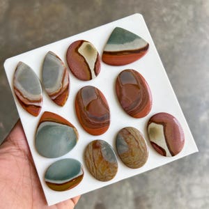 May include: A collection of polished jasper stones in various shapes, including ovals and teardrops. The stones display a range of colors, such as red, brown, gray, and cream, with unique patterns and veining. The stones are displayed on a white surface.