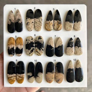 May include: A collection of twelve polished gemstone cabochons, each with a unique pattern and color variation. The stones are primarily black and tan, with some featuring streaks of gold and brown. The cabochons are arranged in pairs on a white surface.