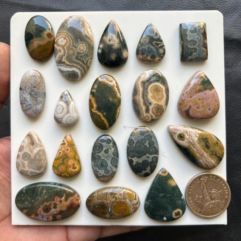 Puede incluir: Una colecci&oacute;n de diecisiete cabujones de jaspe oce&aacute;nico pulidos en varias formas, incluyendo &oacute;valos, gotas y un rect&aacute;ngulo, exhibidos sobre un tablero cuadrado blanco junto a una moneda de un d&oacute;lar estadounidense para escala.