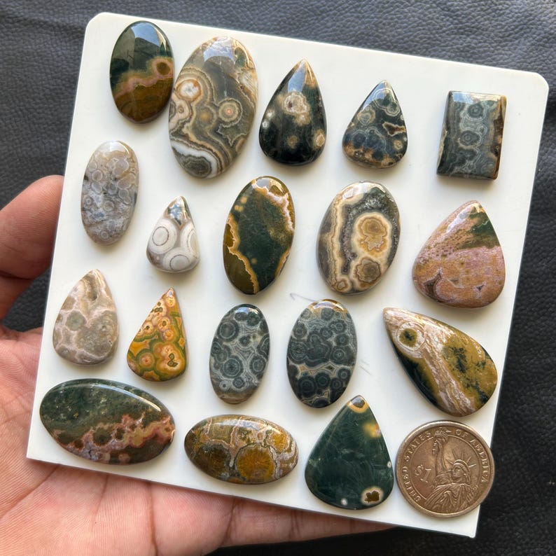 Puede incluir: Una colecci&oacute;n de diecisiete cabujones de jaspe oce&aacute;nico pulidos en varias formas y tama&ntilde;os, incluyendo &oacute;valos, gotas y un rect&aacute;ngulo, con tonos tierra de verde, marr&oacute;n y crema con patrones circulares, junto a una moneda de un d&oacute;lar.
