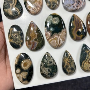 May include: A collection of polished, multi-colored ocean jasper cabochons in various shapes, including ovals and teardrops. The stones feature intricate, swirling patterns of green, brown, cream, and tan, with distinct orbicular inclusions and smooth, glossy surfaces.