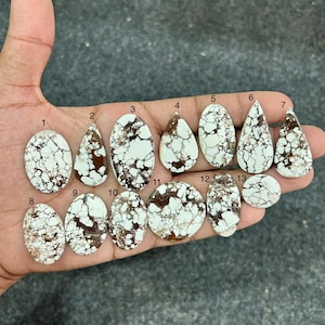 May include: Thirteen polished white and brown spiderweb turquoise cabochons arranged in two rows, numbered one through thirteen. Each stone features a unique matrix pattern with varying shapes including oval, teardrop, and circular silhouettes.