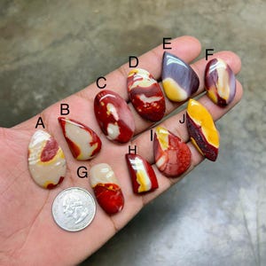 Puede incluir: Colección de diez piedras pulidas de diversas formas y tamaños, con tonos rojos, amarillos, crema y morados. Las piedras se muestran en una mano, con una moneda para comparar el tamaño. Las piedras tienen un aspecto natural y orgánico.