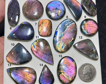 May include: A collection of fifteen polished labradorite gemstones in various shapes and sizes, including ovals, circles, and triangles, displaying iridescent flashes of purple, blue, and gold, arranged on a white board with a US quarter coin.