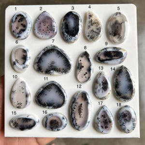 May include: A collection of eighteen dendritic agate cabochons in various shapes, set on a white surface. The stones display translucent white, gray, and black patterns resembling natural landscapes. Each stone is unique, with variations in size and design.