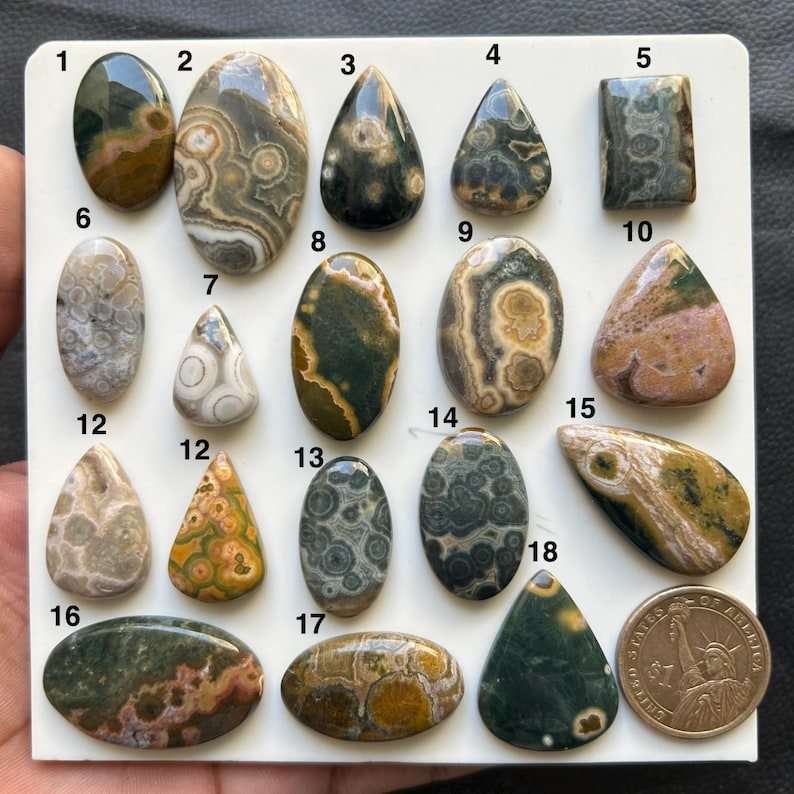 Puede incluir: Una colecci&oacute;n de dieciocho piedras preciosas pulidas en cabuj&oacute;n, de formas variadas, ovaladas, redondas y en gota, dispuestas sobre un soporte blanco con etiquetas numeradas y una moneda de un d&oacute;lar para la escala.